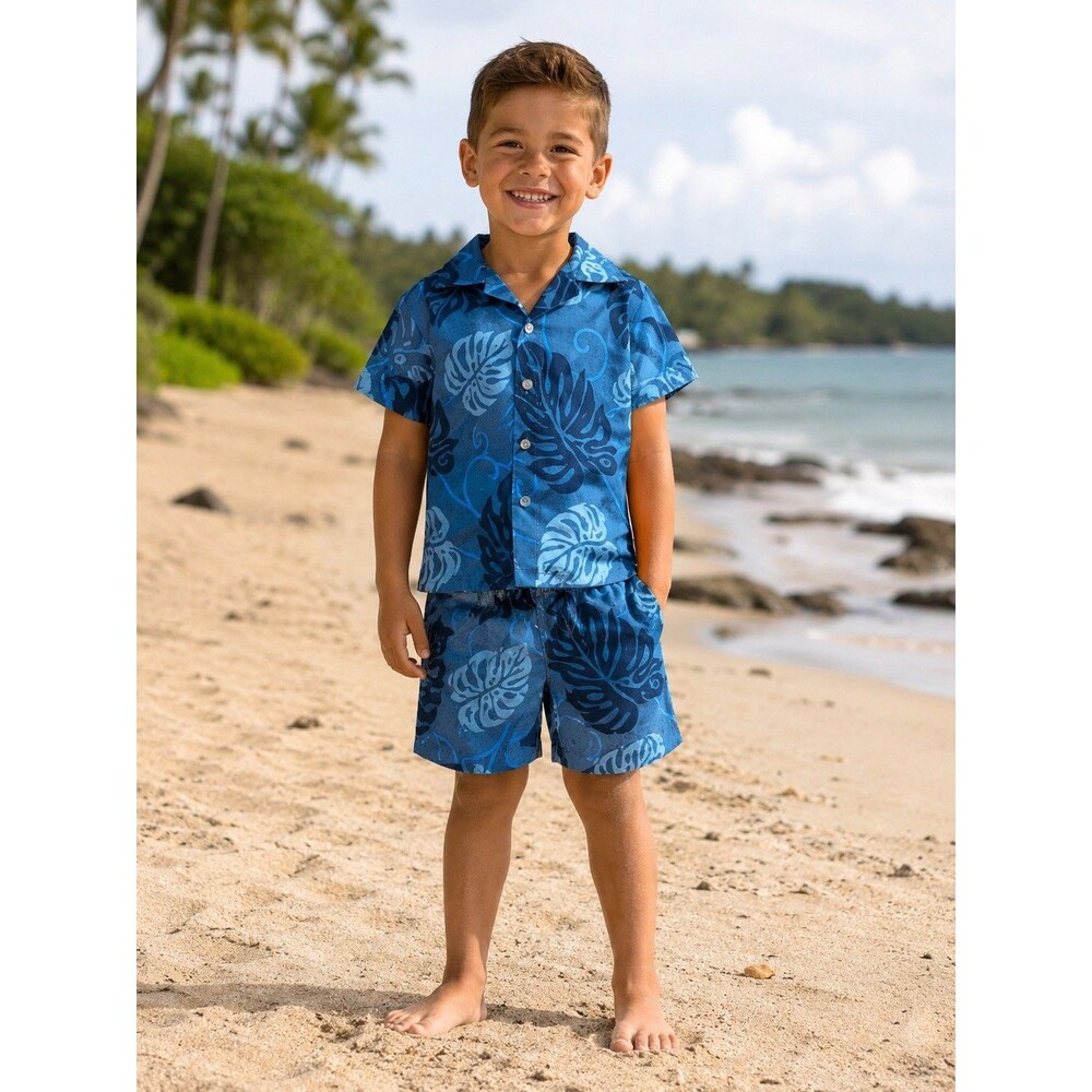 NUI NALU Boys Hawaiian Button Front Cotton Shirt & Shorts Outfit Set NEW 5 Blue